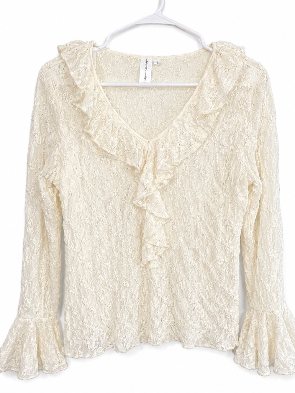 Hand Jive Cream Sheer Ruffle Textured Retro Style Lace Blouse Top Size Small